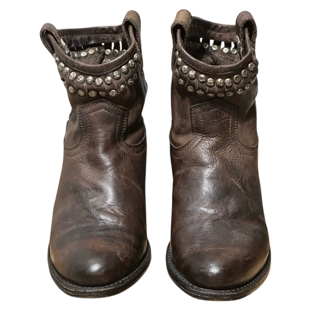 Frye Boots Diana Brown Leather Studded Western Almond Toe Heeled Short Boots - Picture 6 of 15